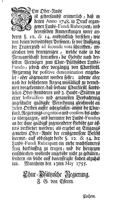 Erlass der Regierung an das zur Durchsetzung eines Bußgeldkatalogs (13.05.1755)