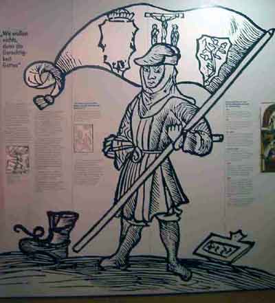 Bauer mit Bundschuhfahne. Titelbild der Flugschrift „Der Bundschuh...“ (1514)