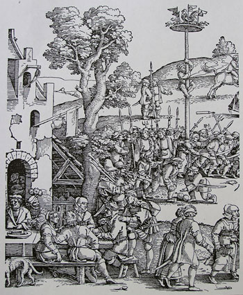 Aufständische Bauern auf der Kirchweih - Holzschnitt von Hans Sebald Beham, 1539