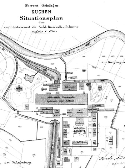 Lageplan der Süddt. Baumwoll-Industrie Kuchen mit Arbeitersiedlung