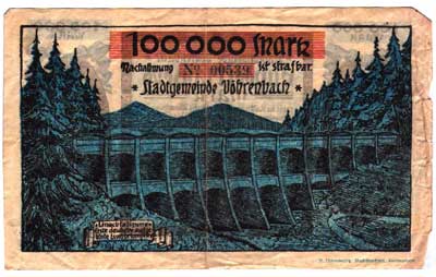 Notgeld der Stadt Vöhrenbach von 1923 mit Abbildung der im Bau befindlichen Linachtalsperre