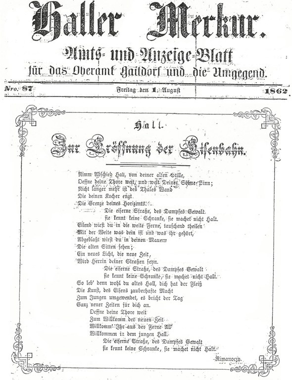 Haller Merkur zur Eröffnung der Eisenbahn (1. Aug. 1862)