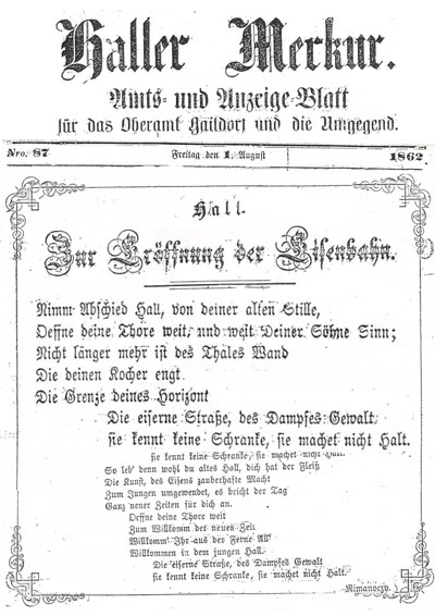 Haller Merkur zur Eröffnung der Eisenbahn (1. Aug. 1862)