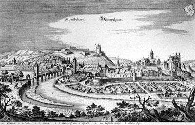 stich.jpg Die württembergische Residenzstadt Mömpelgard (Montbéliard), Kupferstich von Matthäus Merian (17. Jh.)