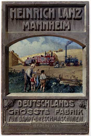 Lokomobile und Dreschmaschine im Einsatz. Werbeplakat von Heinrich Lanz/Mannheim aus dem Jahr 1910.