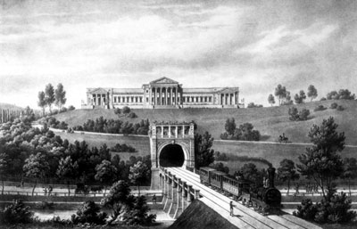 Schloss Rosenstein mit der Neckarbrücke und Tunnelmündung; Lithografie aus dem Jahre 1850