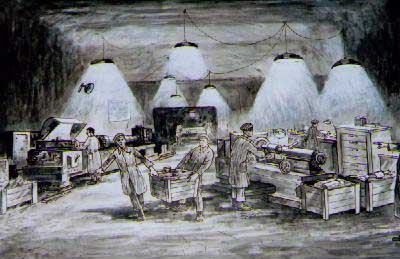 KZ-Häftlinge in der unterirdischen Rüstungsproduktion (Zeichnung: Mieczyslaw Wisniewski)