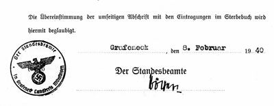 Standesamtliche Beglaubigung der Abschrift einer Eintragung im Sterbebuch (08.02.1940)