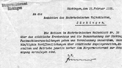 Brief des Bürgermeisters an das Hochrheinische Volksblatt
