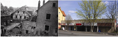 Blick auf den teilweise zerstörten Bauernhof Sans