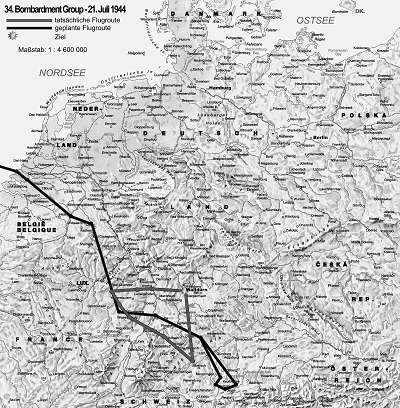 Flugroutenkarte des Einsatzes der 34. Bomb Group vom 21. Juli 1944