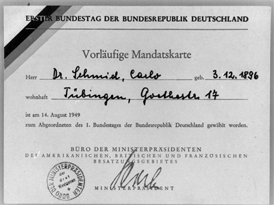 Mandatskarte als Abgeordneter des 1. Bundestages