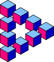 Ein dreidimensional wirkendes Dreieck aus 9 schwebenden Würfeln. Jeweils drei Seiten der Würfel sind sichtbar. Die Deckfläche ist hellblau, die linke Seitenfläche rosa und die rechte Seitenfläche ist dunkelblau. In der Mitte des Logos bleibt ein Stern in weiß frei.   