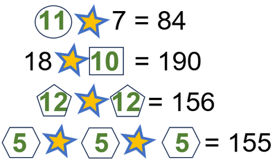 11*7=84, 18*10=190, 12*12=156, 5*5*5=155