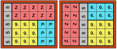 Abgebildet sind zwei verschiedene Lösungen mit vier Puzzleteilen. Dabei wurden jeweils die gleichen Puzzleteile verwendet. 