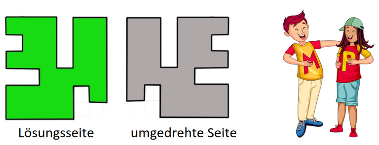 Lösungsschablone für Aufgabenteil b) einmal von der Vorder- und einmal von der Rückseite. Daneben die Maskottchen Petra und Marco. 