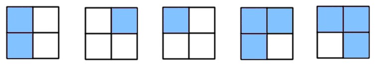 5 Seitenansichten eines Würfels, der aus acht kleinen blauen und weißen Würfeln zusammengesetzt ist.