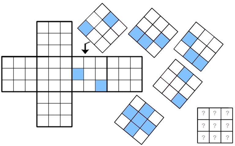Würfelnetz und Seitenansichten eines Würfels, der aus 27 kleinen blauen und weißen Würfeln zusammengesetzt ist. 