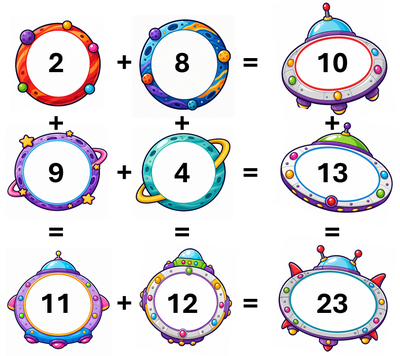 Summen wie im Text beschrieben vlnr 2+8=10 9+4=13 11+12=23