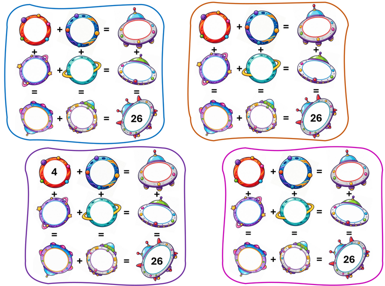 Vier leere Rechenfelder in einer 3x3 Matrix mit (3;3)=26.