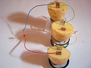 Leuchtdiode an einer Kartoffelbatterie mit drei Zellen