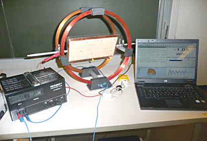 Versuchsaufbau mit Helmholtzspule, Sensor und EuroLab