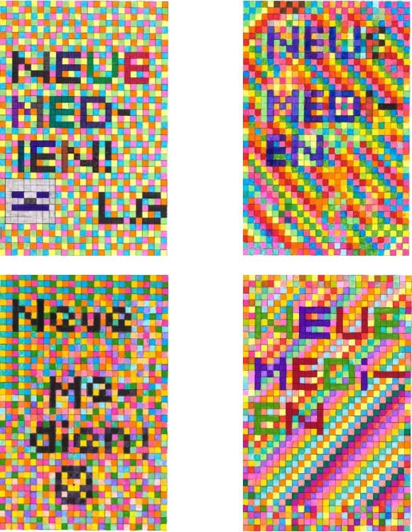 Vier bunte Pixelbilder bestehend aus dem Schriftzug "neue Medien" in dunkel gepixelter Schrift vor hell und bunten Pixeln im Hintergrund.