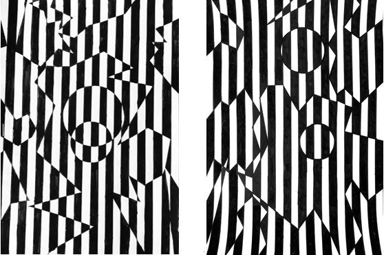 Auf dem Op-Art-Kunstwerk sind geometrische Formen, die sich auch überschneiden, auf einem hochkant schwarz-weiß gestreiftem Hintergrund zu sehen. Innerhalb der Figuren wechselt die Streifen wieder von Schwarz zu Weiß und umgekehrt. So entstehen optische Effekte (Figur-Grund-Effekt und Flimmereffekt).