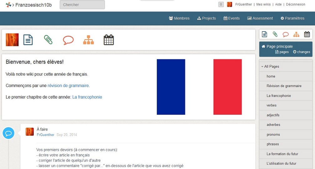 Screenshot der Startseite eines Wikis aus dem Französisch-Unterricht