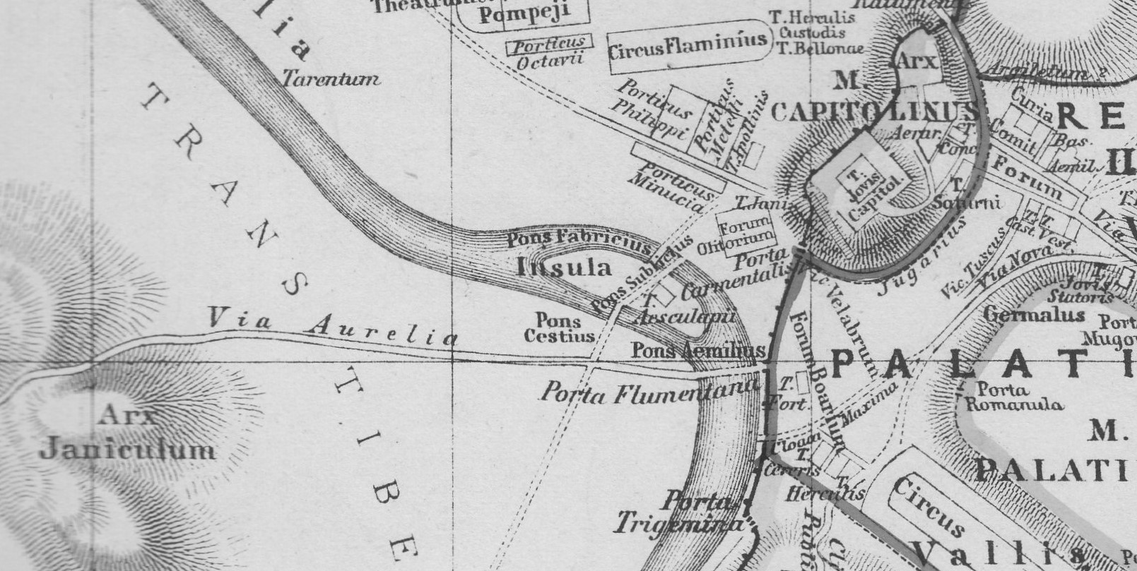 Stadtplan des antiken Rom mit der Tiberinsel