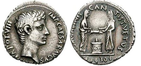 Römische Münze: Schweineopfer; Augustus Römische Münze: Schweineopfer; Augustus