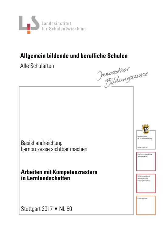 Das ist das Titelblatt der Basishandreichung „Lernprozesse sichtbar machen. Arbeiten mit Kompetenzrastern in Lernlandschaften“ (NL-50).