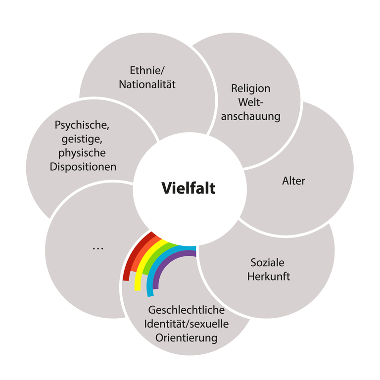Die Grafik stellt verschiedene Aspekte von Vielfalt dar, die als unregelmäßige Kreise, wie Blütenblätter um den Begriff „Vielfalt“ angeordnet sind. Dies soll veranschaulichen, dass alle Aspekte miteinander verwoben und gleichermaßen bedeutsam sind. In den unregelmäßigen Kreisen werden die folgenden Aspekte von Vielfalt dargestellt: Psychische, geistige und körperliche Dispositionen, Ethnie und Nationalität, Religion und Weltanschauungen, Alter, Soziale Herkunft, Geschlechtliche Identität und sexuelle Orientierung. In einem der unregelmäßigen Kreise sind drei Punkte abgebildet, diese sind ein Platzhalter für weitere Aspekte von Vielfalt, die nicht in der Grafik dargestellt wurden. In dem unregelmäßigen Kreis zu geschlechtlicher Identität und sexueller Orientierung ist ein Regenbogen abgebildet.