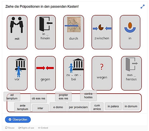 Screenshot der Übung zu den lateinischen Präpositionen